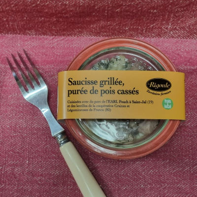 Bocal frais de saucisse et purée de pois cassés